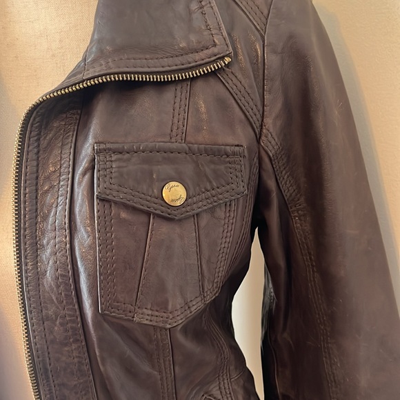 Guess brown bomber leather jacket size S - Picture 2 of 7